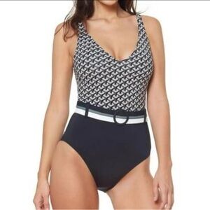 Bleu Rod Beattie Black and White Belted V-Neck One-Piece Swimsuit